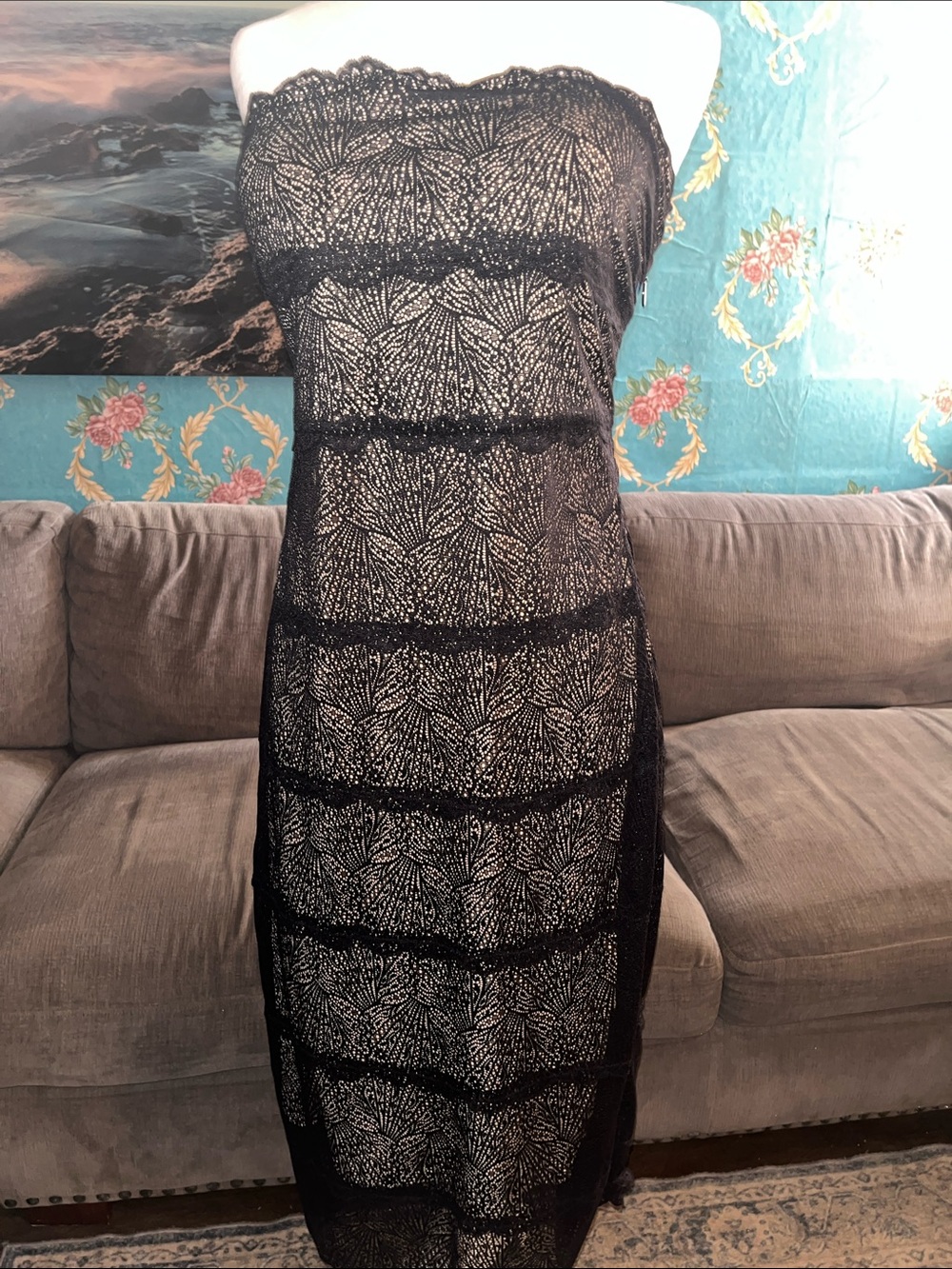 bebe Strapless Black Lace Overlay Dress with Cream Underlayer New!!